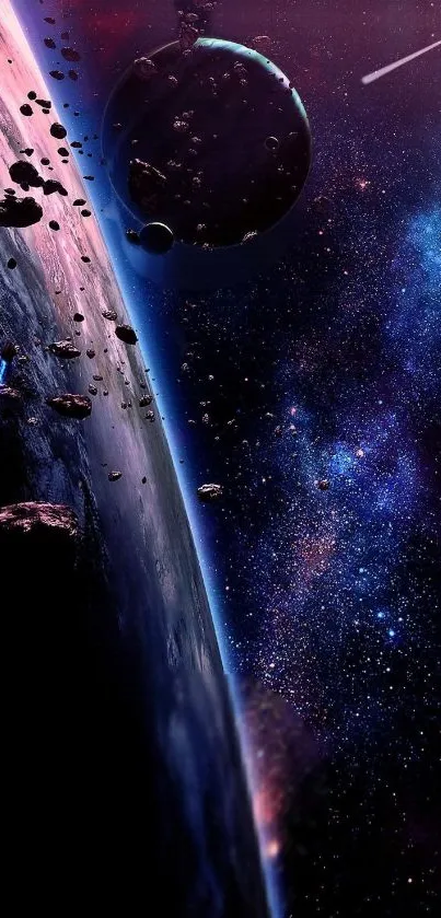 A vibrant cosmic wallpaper featuring planets, asteroids, and a starry night sky.