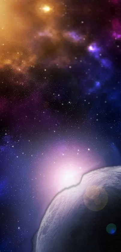 Vibrant cosmic galaxy wallpaper with planets and stars in deep space.