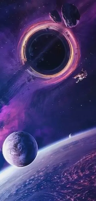 Space wallpaper with galaxy and planets in vibrant purple tones.