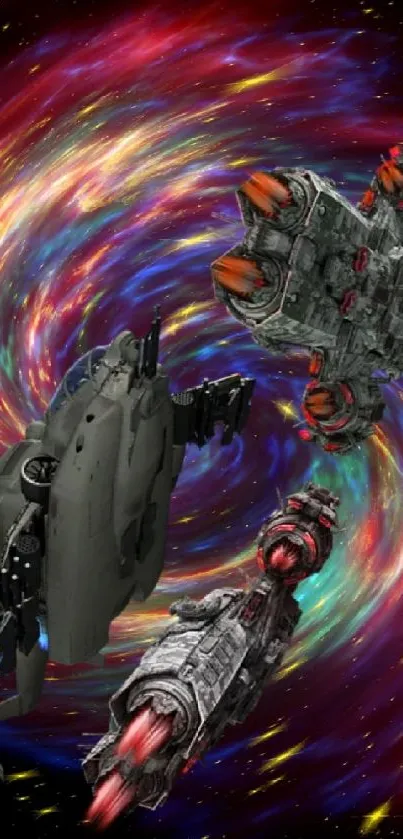 Spaceship navigating a colorful vortex in space.