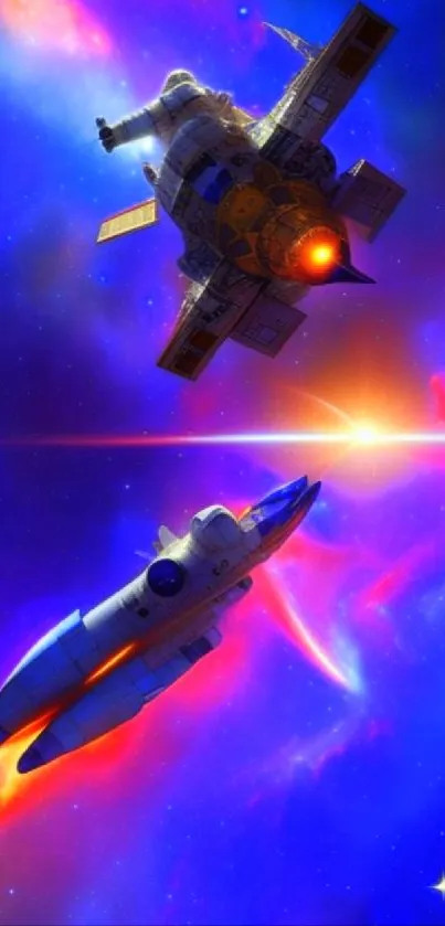 Spaceships soaring through cosmic nebulae in a vibrant space-themed wallpaper.