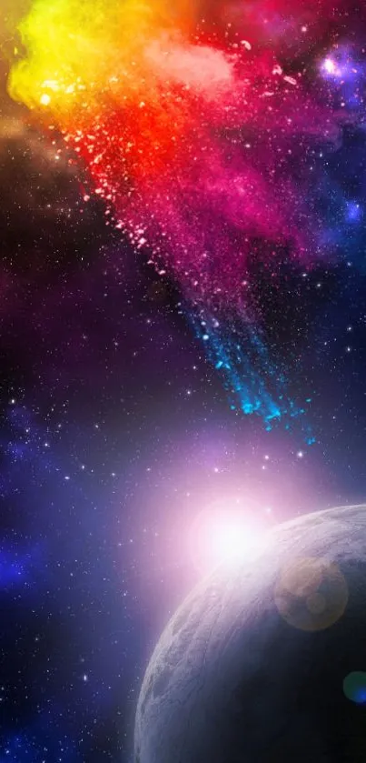 Cosmic spectrum with vibrant galaxy and planet background.