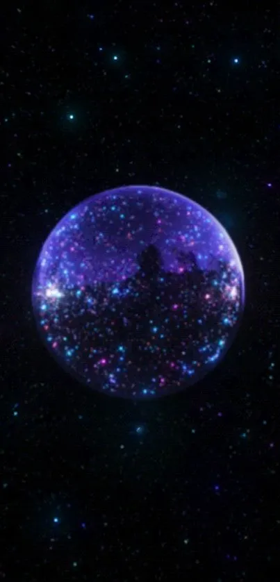 Purple cosmic sphere with starry galaxy background.