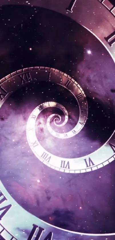 Spiral clock design with Roman numerals against a cosmic, dark purple galaxy backdrop.