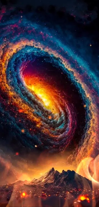 Vibrant cosmic spiral galaxy above a fiery mountain landscape.