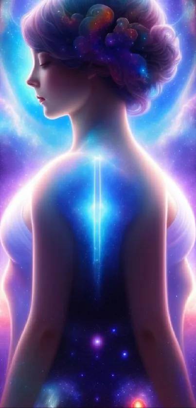 Serene figure with cosmic and nebula background, representing universal energy.