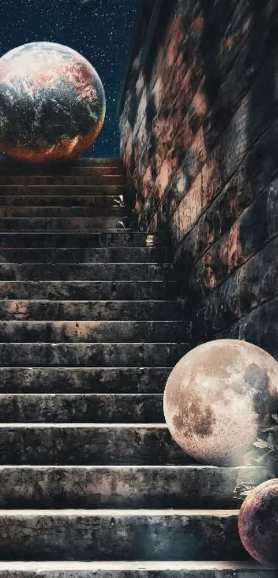 Surreal stairway with planets and starry night sky.