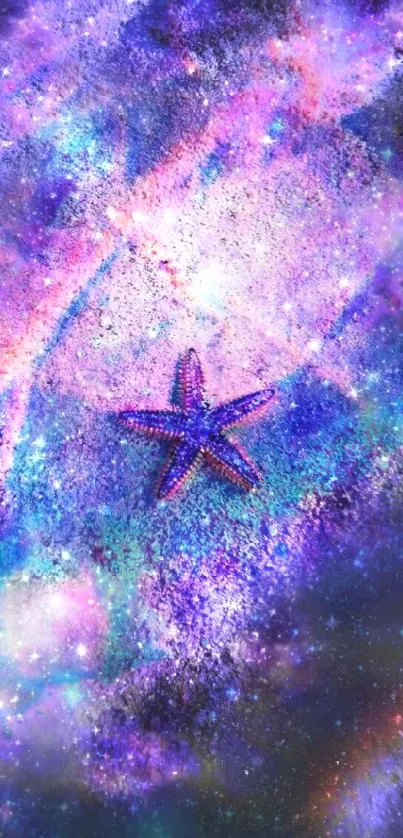 Cosmic starfish on a vibrant galaxy background with purple hues.