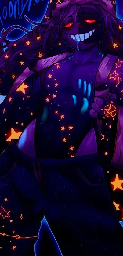 Cosmic character with glowing stars on a vibrant galaxy background.