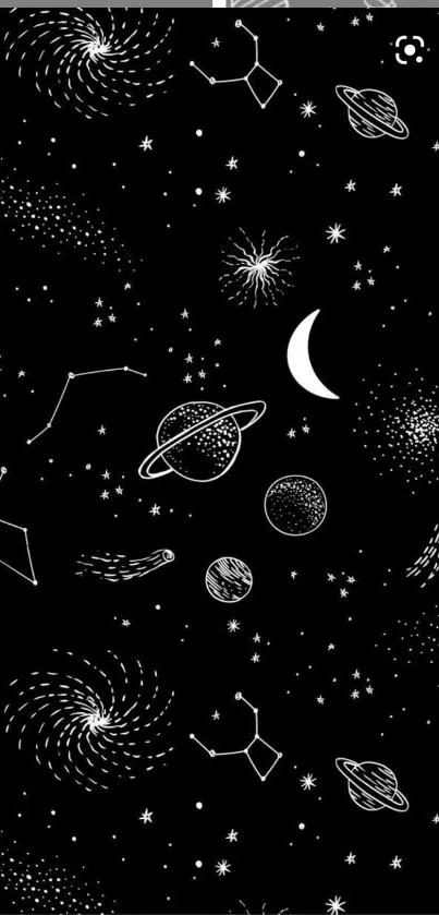 Black wallpaper with cosmic stars and planets.