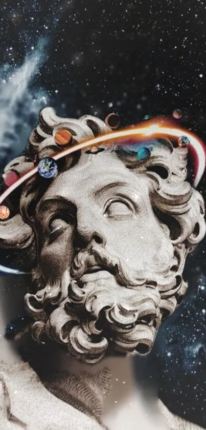 Greek statue with planets art wallpaper.