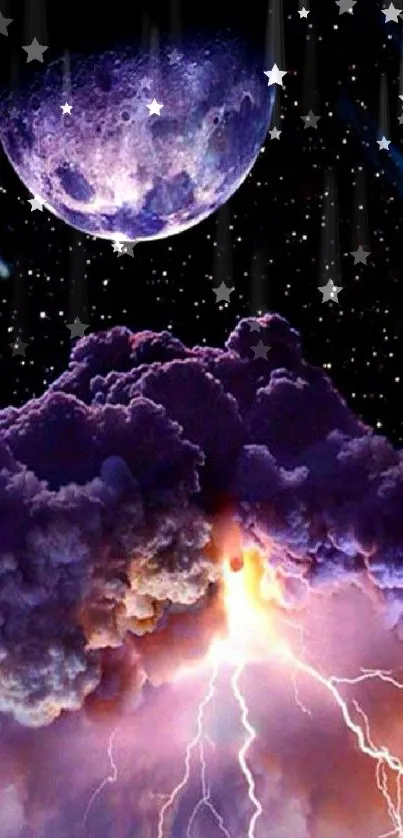 Purple cosmic storm with moon and clouds in night sky wallpaper.