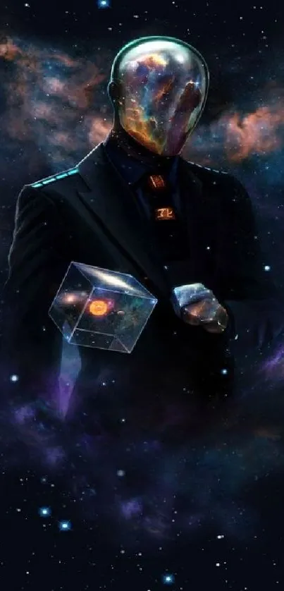 Surreal cosmic wallpaper with galaxy face