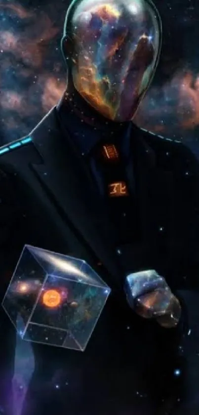 Faceless cosmic figure holding an abstract cube in space-themed suit.