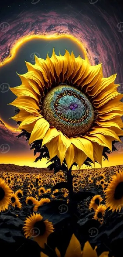 Vivid cosmic sunflower with galaxy backdrop on mobile wallpaper.