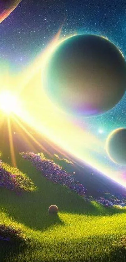 Cosmic sunrise over alien landscape with planets and stars.