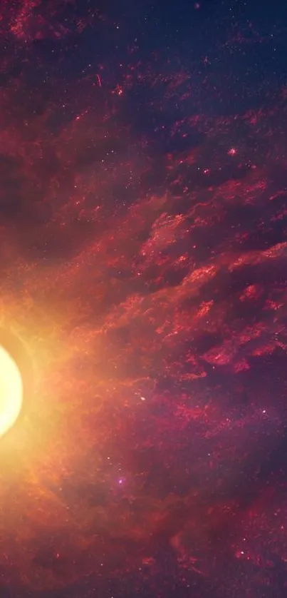 Cosmic sunrise with nebula and sun in dark red space.