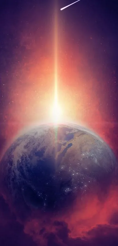 A cosmic sunrise illuminating a planet in space, creating a mystical atmosphere.