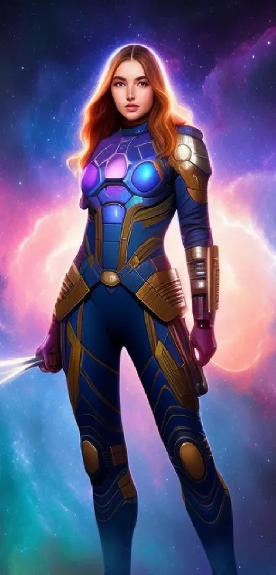 Powerful female superhero in cosmic setting mobile wallpaper.