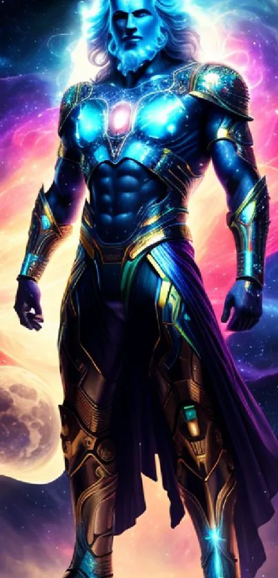 Cosmic superhero with glowing aura in vibrant fantasy setting.