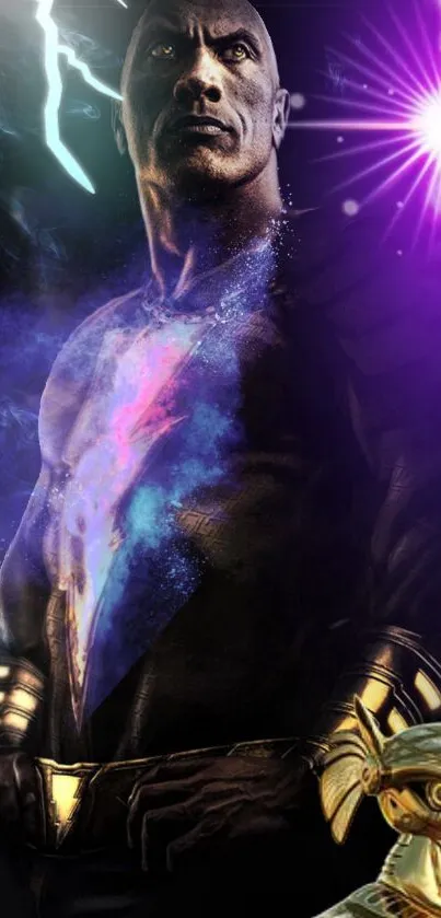 Energetic superhero with cosmic aura and purple glow in mobile wallpaper.