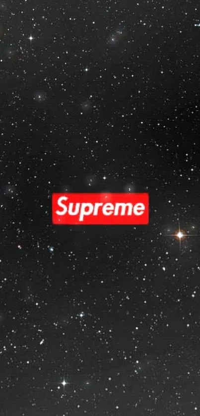 Supreme logo on starry black wallpaper.