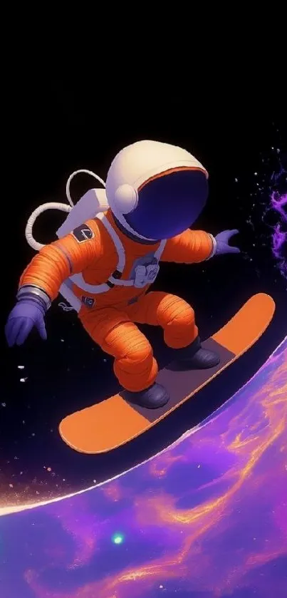 Astronaut surfing a purple energy wave in space.