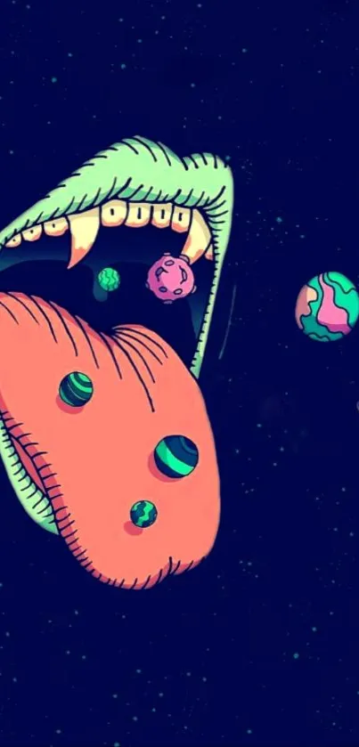 Surreal cosmic mouth and planets wallpaper in vibrant colors.