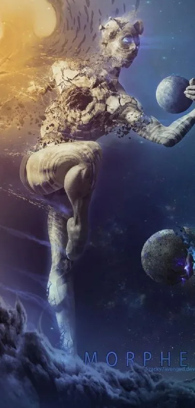 Surreal cosmic figure holding planets with a celestial background.