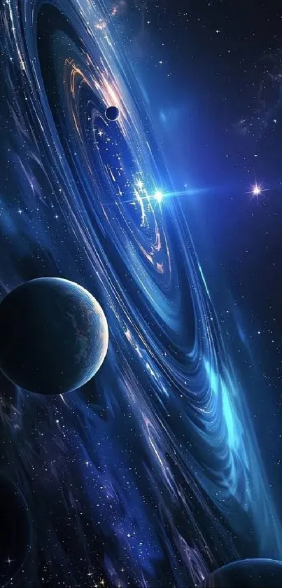 Stunning cosmic swirl with planets and stars in deep space.