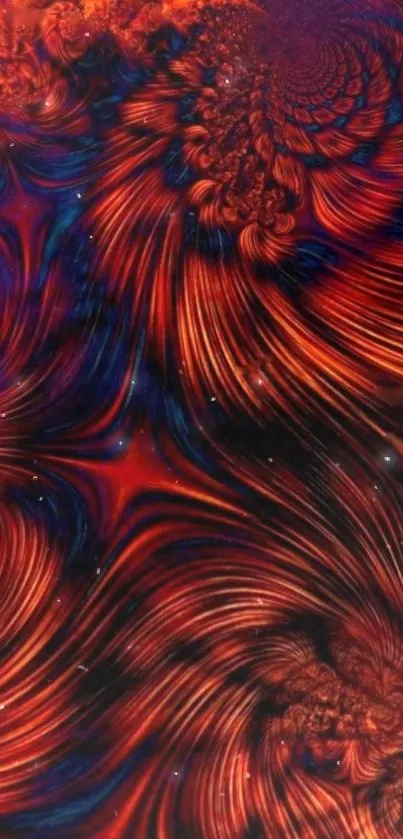 Vibrant cosmic swirl wallpaper with red and blue abstract design.