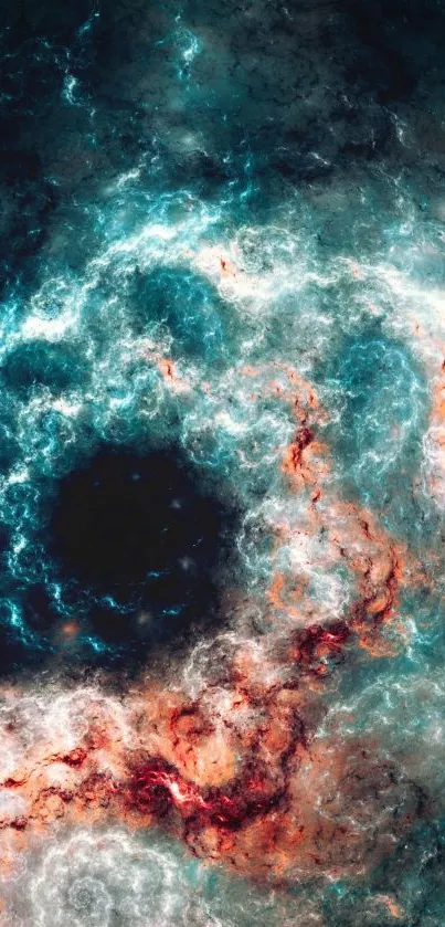 Vibrant cosmic swirl with teal and orange hues.