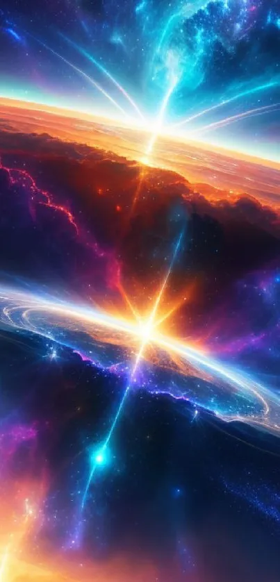 Vibrant cosmic wallpaper with swirling galaxies and radiant light.