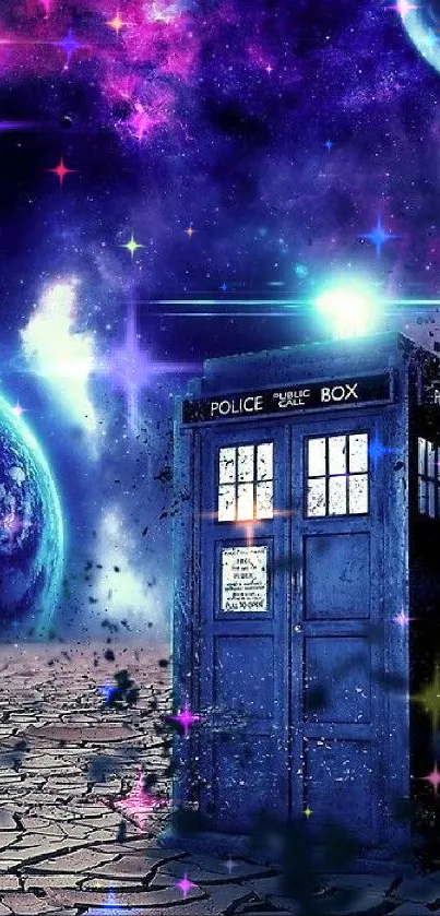 TARDIS in cosmic scene with planets and stars in vibrant space backdrop.