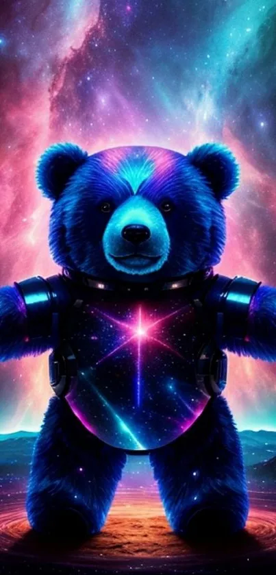 Colorful cosmic teddy bear in a galaxy-themed wallpaper.