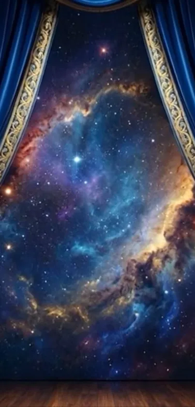 Galaxy scene with blue theater curtains on mobile wallpaper.