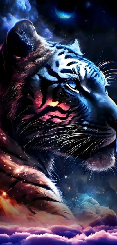 A majestic cosmic tiger with vibrant colors in a galaxy-themed artwork.