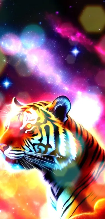 Vibrant cosmic tiger amidst stars and galaxies on mobile wallpaper.