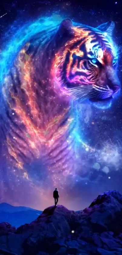 Majestic cosmic tiger with vibrant colors and a starry night sky background.