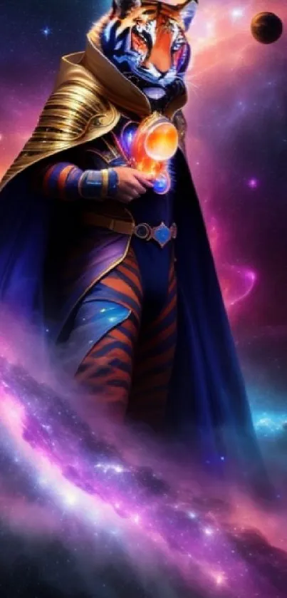 A cosmic tiger in vibrant space attire surrounded by a mystical galaxy.