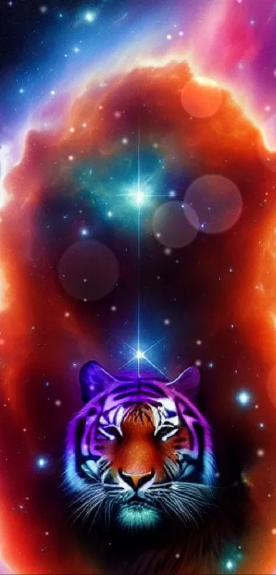 A tiger surrounded by cosmic and galaxy backgrounds, emanating vibrant colors.