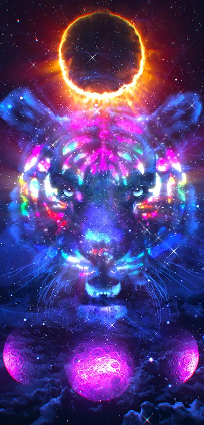 Colorful cosmic tiger artwork with neon hues against a starry background.