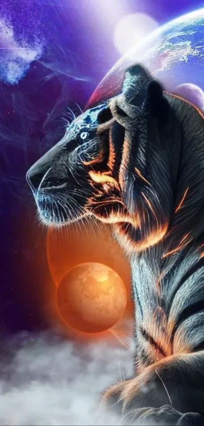 Tiger in space with galaxy background and planets.