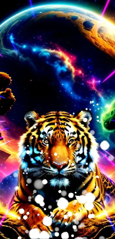 Vivid cosmic scene featuring a tiger with a galactic backdrop.