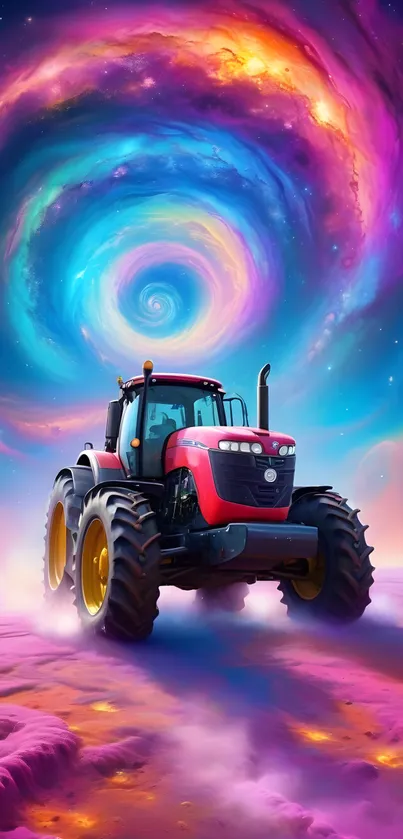 Red tractor in cosmic landscape wallpaper.