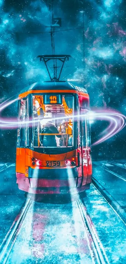 A glowing tram travels through a cosmic landscape in a surreal wallpaper scene.