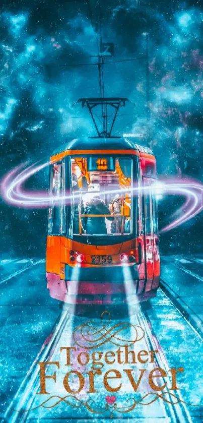 Cosmic tram with a couple under an umbrella in a galaxy-themed scene.