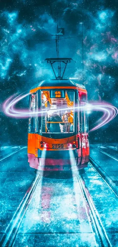 Vibrant cosmic tram with neon lights and starry night backdrop.