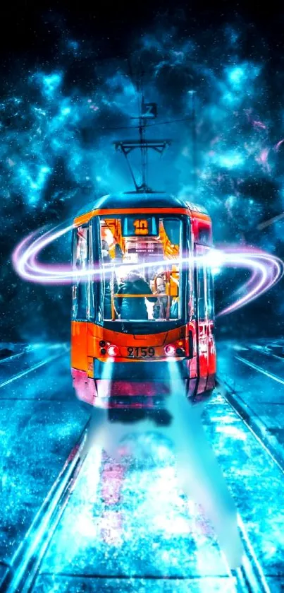 Orange tram on tracks with cosmic blue swirls in the background.