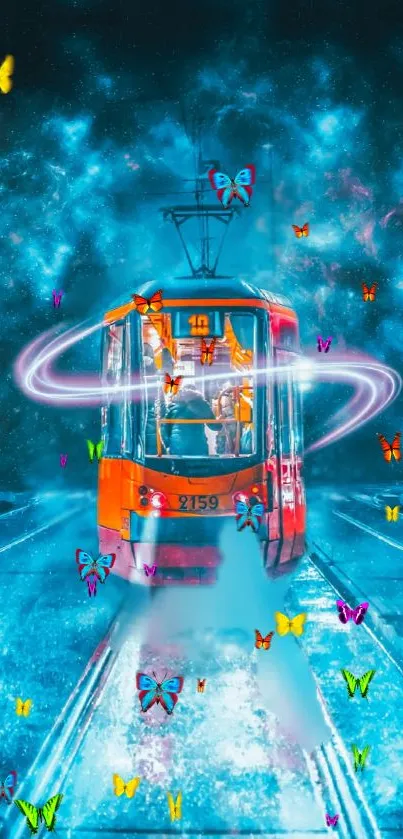 Tram surrounded by cosmic colors and butterflies in a fantasy setting.